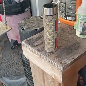 "Gucci" Beige Monogram Travel Tumbler with Green and Red Web Stripe